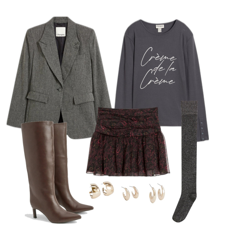 Outfit femme - Janvier. Style Preppy pour Tous les jours. Assortir avec minijupes, socquettes, blazers, t-shirts, cuissardes, boucles d'oreilles.