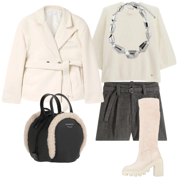 Outfit donna - Serata in compagnia. Stile Trendy per Serata fuori. Abbinamento con shorts, zaini, stivali, blazer, pullovers, ciondoli.