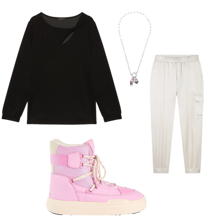 Outfit donna - Urban Soft Vibes. Stile Casual chic per Tutti i giorni. Abbinamento con stivali da neve, ciondoli, pantaloni cargo, bluse.