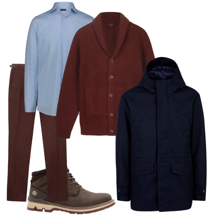 Outfit uomo - Passeggiata in biblioteca. Stile Trendy per Tutti i giorni. Abbinamento con stivali e stivaletti, cardigans, giacche, camicie, pantaloni.