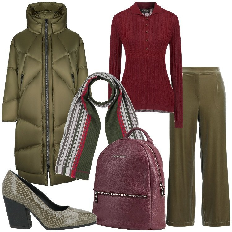 Outfit donna - Wrapped in Style. Stile Casual chic per Ufficio. Abbinamento con pantaloni, pullovers, décolleté, sciarpe, zaini, cappotti.