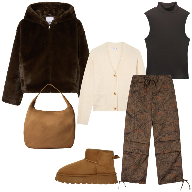 Outfit donna - Saldi invernali. Stile Casual chic per Tutti i giorni. Abbinamento con cardigans, borse a mano, canottiere, pantaloni cargo, stivali, ecopellicce.