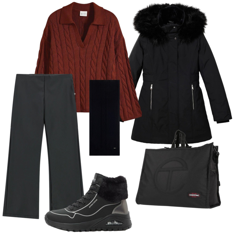 Outfit donna - Comoda al lavoro. Stile Casual per Ufficio. Abbinamento con maglieria, sneakers alte, zaini, parka, pantaloni, sciarpe.