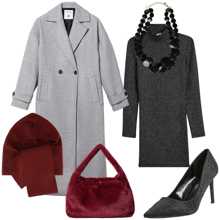 Outfit donna - Tempo dì saldi. Stile Chic per Serata fuori. Abbinamento con vestiti corti, cappotti, décolleté, sciarpe, collane, borse a spalla.