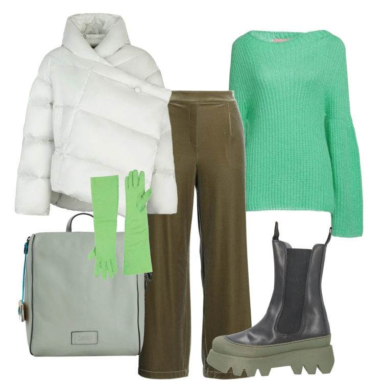 Outfit donna - Wrapped in Style. Stile Casual per Tutti i giorni. Abbinamento con stivaletti, pantaloni, pullovers, guanti, zaini, piumini.