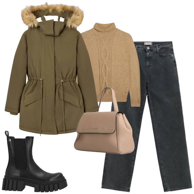 Outfit donna - Gennaio freddo. Stile Basic per Tutti i giorni. Abbinamento con zaini, stivaletti, parka, jeans dritti, maglieria.