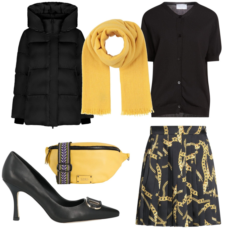 Outfit donna - Giallo & Nero. Stile Chic per Serata fuori. Abbinamento con minigonne, marsupi, sciarpe, cardigans, décolleté, piumini.