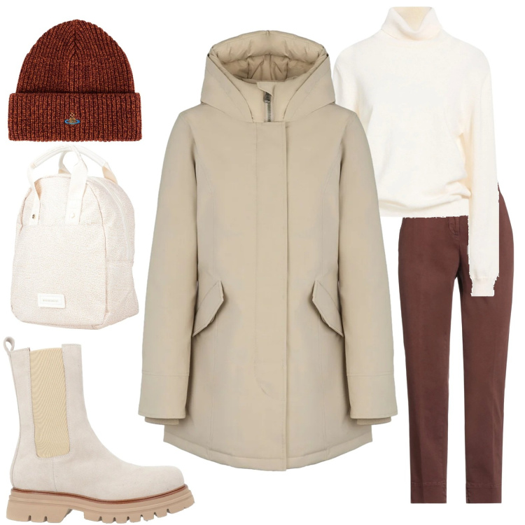 Outfit donna - Arriva la neve in città. Stile Trendy per Tutti i giorni. Abbinamento con zaini, stivaletti, maglieria, pantaloni skinny, cappelli, eskimo.