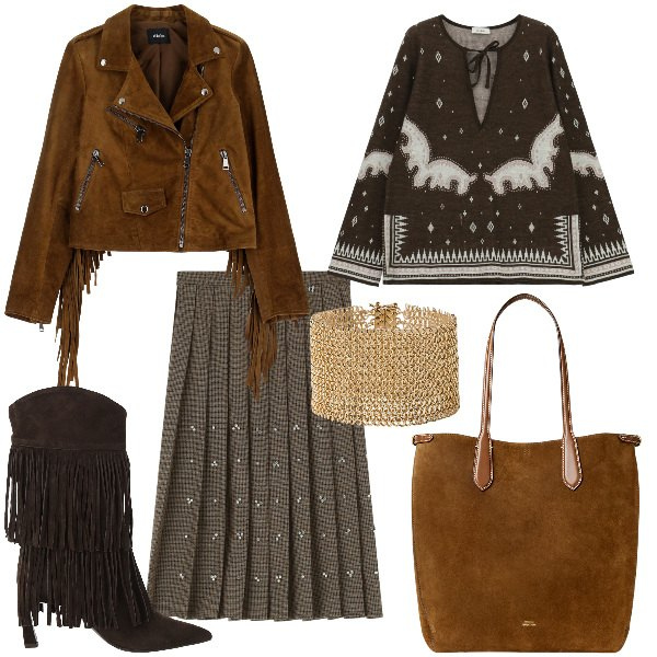 Outfit donna - Total look #2317410. Stile Boho per Serata fuori. Abbinamento con braccialetti, borse tote, maglieria, gonne, stivali, giacche.