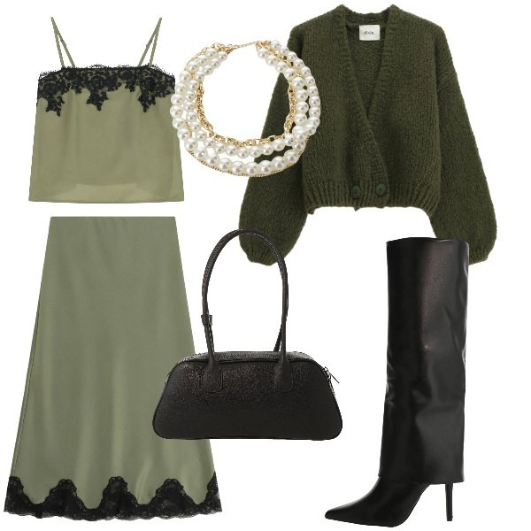 Outfit donna - Total look #2317413. Stile Boho per Serata fuori. Abbinamento con stivali, cardigans, gonne lunghe, top, borse a mano, collane.