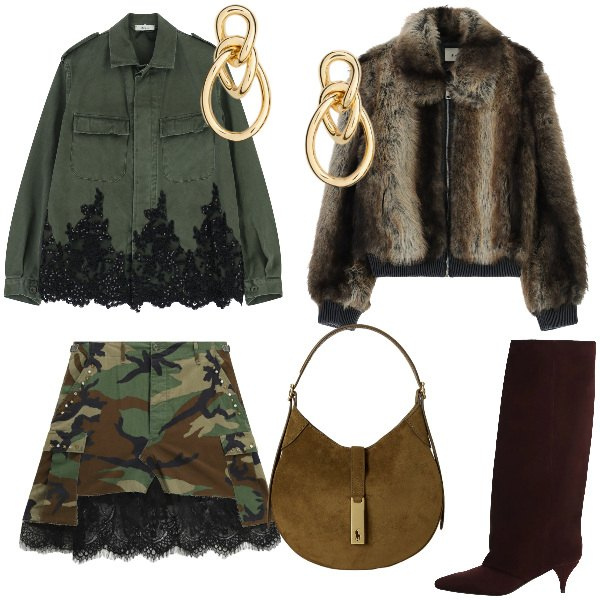 Outfit donna - Total look #2317416. Stile Military per Serata fuori. Abbinamento con stivali, camicie, blazer, gonne, borse a spalla, orecchini.