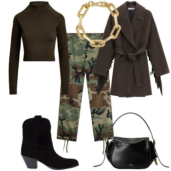 Outfit donna - Total look #2317419. Stile Military per Serata fuori. Abbinamento con cappotti, pantaloni sportivi, braccialetti, pullovers, stivaletti, borse a mano.
