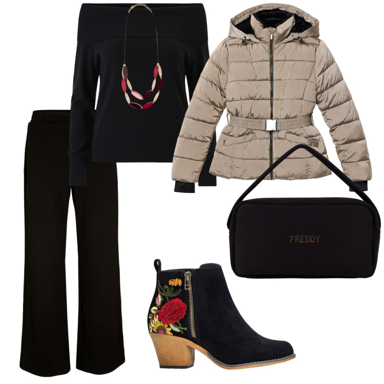 Outfit donna - Gennaio. per Tutti i giorni. Abbinamento con pantaloni a palazzo, stivaletti, piumini, borse a mano, pullovers, collane.