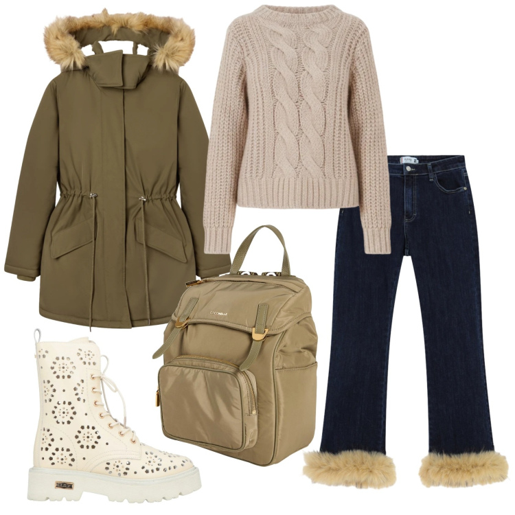 Outfit donna - Total look #2317423. Stile Casual per Tutti i giorni. Abbinamento con anfibi, zaini, parka, pantaloni, maglieria.