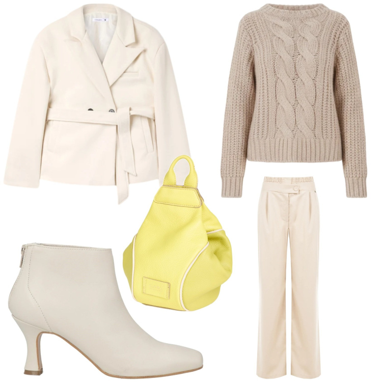 Outfit donna - Il dopo vacanze con stile. Stile Casual chic per Tutti i giorni. Abbinamento con zaini, stivaletti, blazer, pantaloni a palazzo, maglieria.