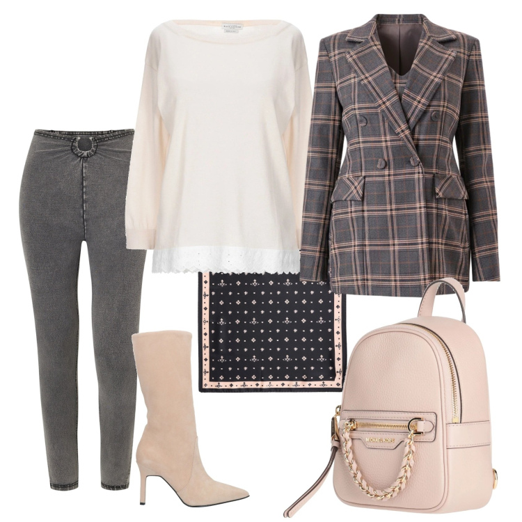 Outfit donna - Total look #2317432. Stile Casual chic per Ufficio. Abbinamento con pullovers, stivali, zaini, sciarpe, jeggings, blazer.