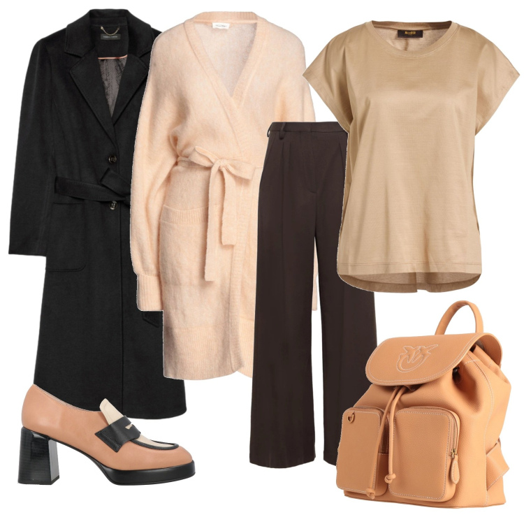 Outfit donna - Total look #2317433. Stile Casual chic per Ufficio. Abbinamento con pantaloni, cardigans, t-shirt, mocassini, zaini, cappotti.