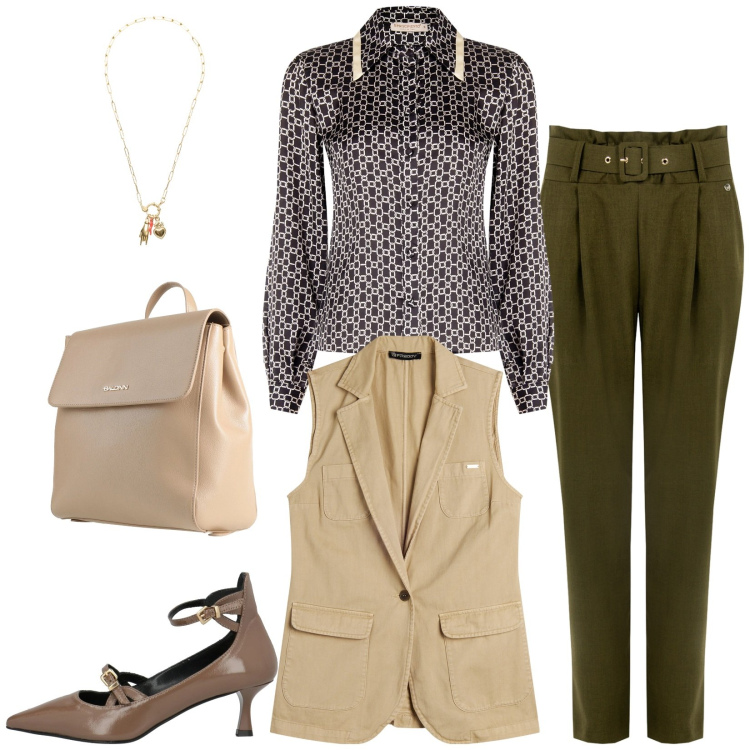 Outfit donna - Total look #2317439. Stile Bon Ton per Ufficio. Abbinamento con décolleté, zaini, ciondoli, gilet, pantaloni, camicie.