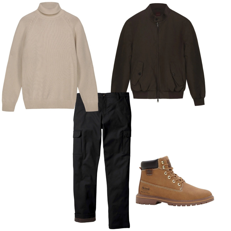 Outfit uomo - Freddo. per Ufficio. Abbinamento con pantaloni cargo, stivali e stivaletti, bomber, pullovers.