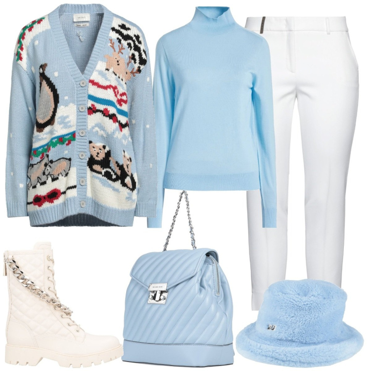 Outfit donna - Una giornata innevata. Stile Glamour per Tutti i giorni. Abbinamento con cardigans, maglieria, cappelli, pantaloni, zaini, anfibi.