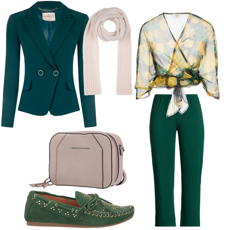 Outfit donna - Tocco deciso. Stile Bon Ton per Ufficio. Abbinamento con sciarpe, pantaloni, top, mocassini, marsupi, blazer.