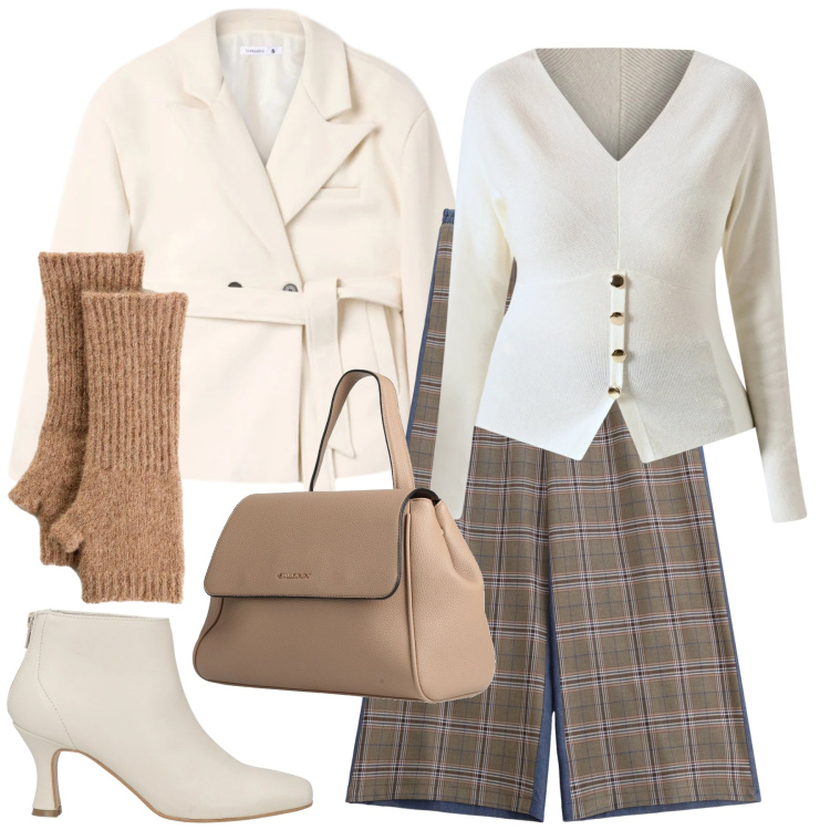 Outfit donna - Gennaio. Stile Glamour per Ufficio. Abbinamento con guanti, zaini, stivaletti, blazer, pantaloni a palazzo, maglieria.