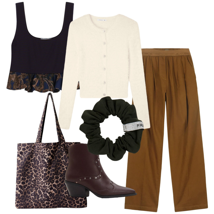 Outfit donna - Ordinary bon ton. Stile Bon Ton per Tutti i giorni. Abbinamento con stivaletti texani, cardigans, shopping bag, top, accessori per capelli, pantaloni.