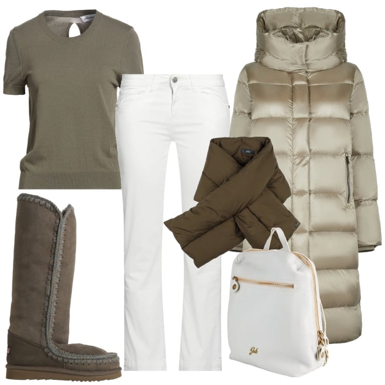 Outfit donna - Piumino lungo. Stile Trendy per Tutti i giorni. Abbinamento con zaini, pantaloni, pullovers, sciarpe, stivali da neve, cappotti.
