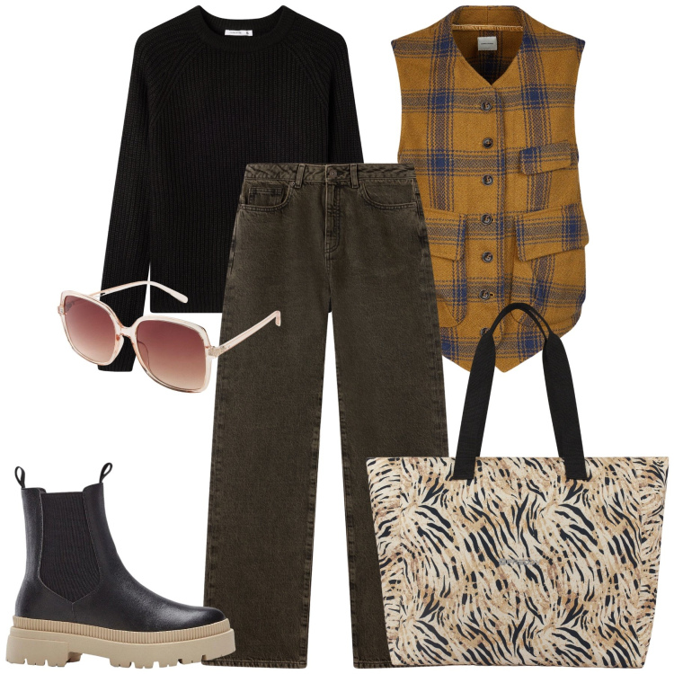 Outfit donna - Come lui. Stile Mannish per Tutti i giorni. Abbinamento con stivaletti chelsea, occhiali da sole, jeans dritti, maglieria, shopping bag, gilet.