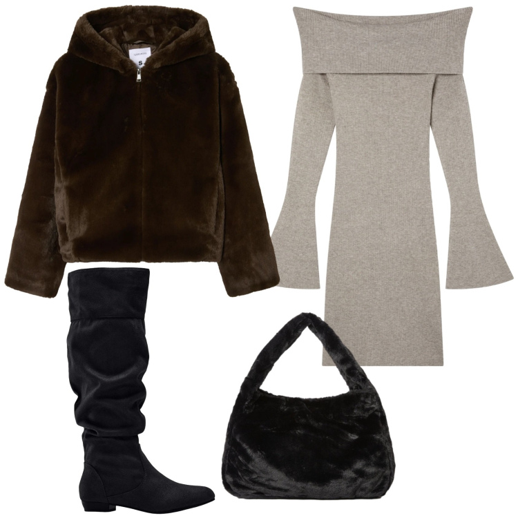 Outfit donna - Total look #2317491. Stile Trendy per Tutti i giorni. Abbinamento con stivali, vestiti corti, ecopellicce, borse a spalla.