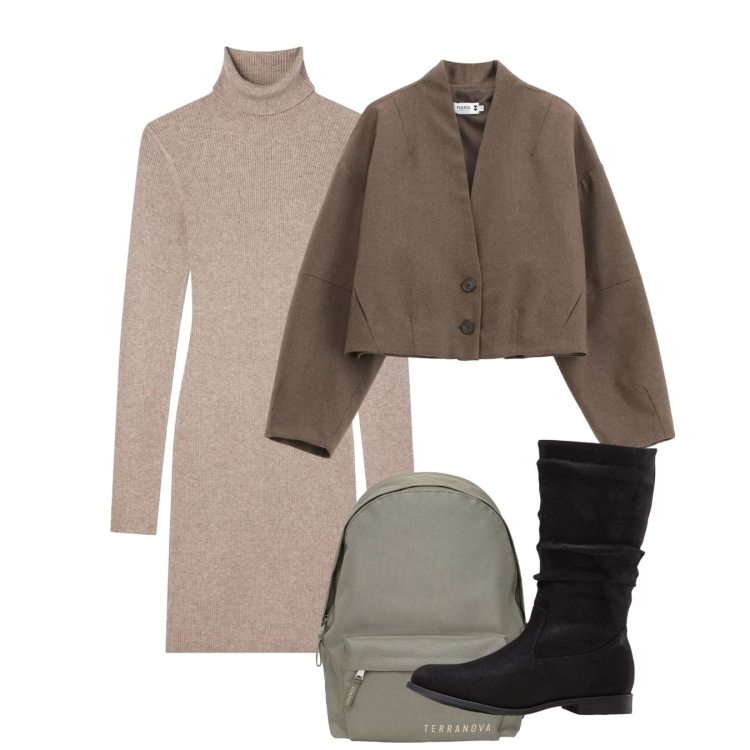 Outfit donna - Total minimal. Stile Minimal per Tutti i giorni. Abbinamento con stivali, zaini, vestiti corti, blazer.