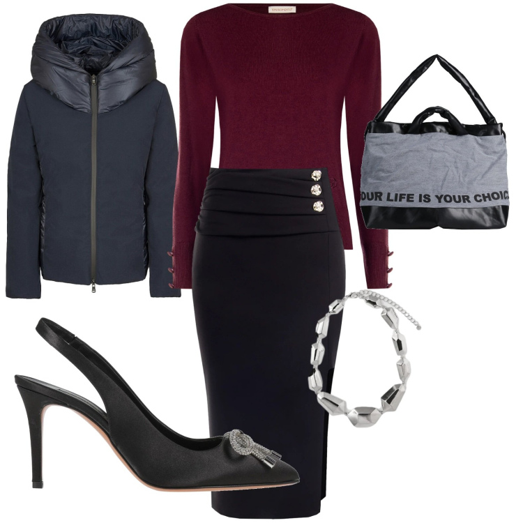 Outfit donna - Argento. Stile Vintage retrò per Ufficio. Abbinamento con décolleté, zaini, eskimo, pullovers, gonne longuette, ciondoli.