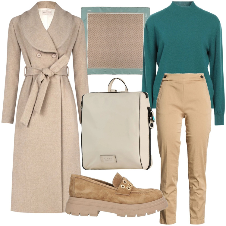 Outfit donna - Eleganza moderna. Stile Bon Ton per Ufficio. Abbinamento con pullovers, mocassini, pantaloni, sciarpe, zaini, cappotti.