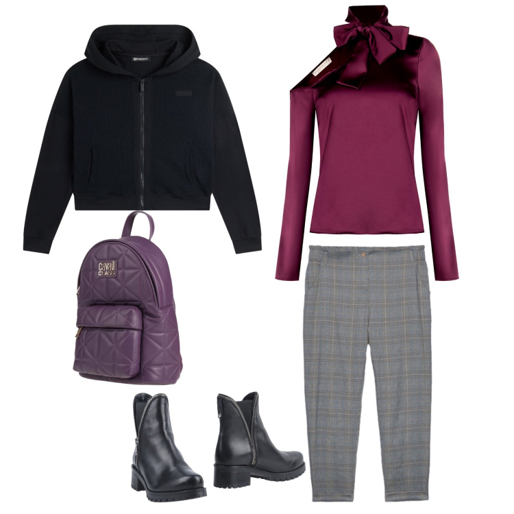 Outfit donna - Shopping informale. Stile Casual chic per Tutti i giorni. Abbinamento con zaini, stivaletti, felpe con cappuccio, bluse, pantaloni.
