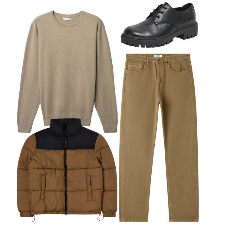 Outfit uomo - Total look. Stile Casual per Tutti i giorni. Abbinamento con bomber, scarpe stringate, maglieria, jeans dritti.