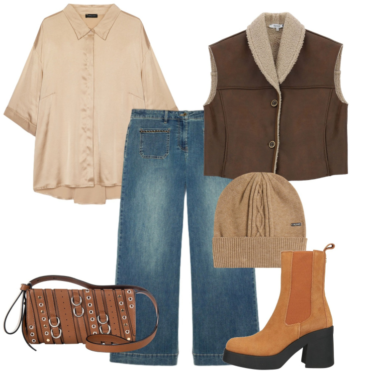 Outfit donna - A spasso in città. Stile Casual per Tutti i giorni. Abbinamento con stivaletti, gilet, berretti, borse a spalla, camicie, jeans.