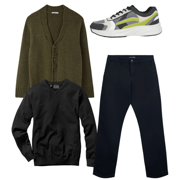 Outfit uomo - Total look. Stile Casual per Tutti i giorni. Abbinamento con maglieria, pantaloni chino, sneakers, cardigans.