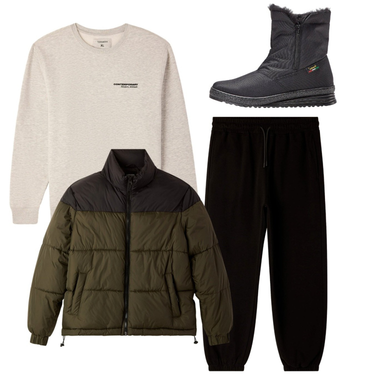 Outfit uomo - Total look. Stile Casual per Tutti i giorni. Abbinamento con stivali e stivaletti, felpe, bomber, pantaloni.