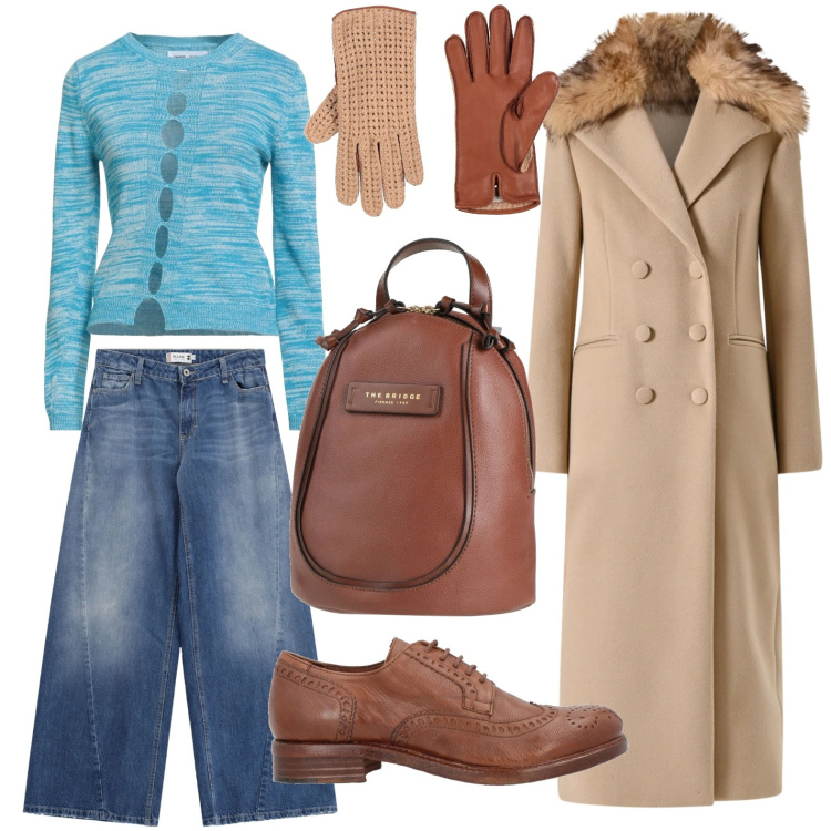 Outfit donna - Il cappotto scenografico. Stile Glamour per Ufficio. Abbinamento con scarpe stringate, guanti, pullovers, zaini, cappotti, jeans.