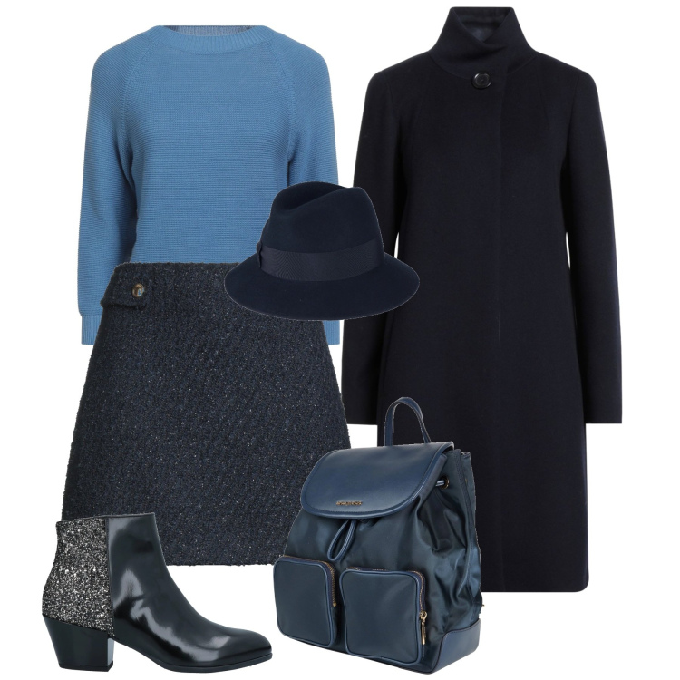 Outfit donna - Miss blue. Stile Bon Ton per Ufficio. Abbinamento con cappotti, stivaletti, minigonne, zaini, cappelli, pullovers.