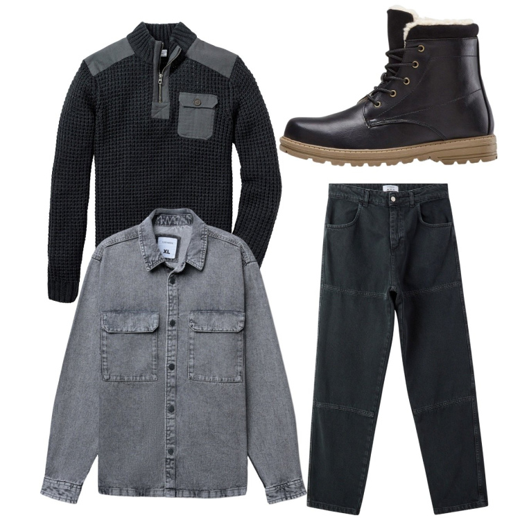 Outfit uomo - Total look. Stile Casual per Tutti i giorni. Abbinamento con maglieria, stivali e stivaletti, pantaloni, cappotti.