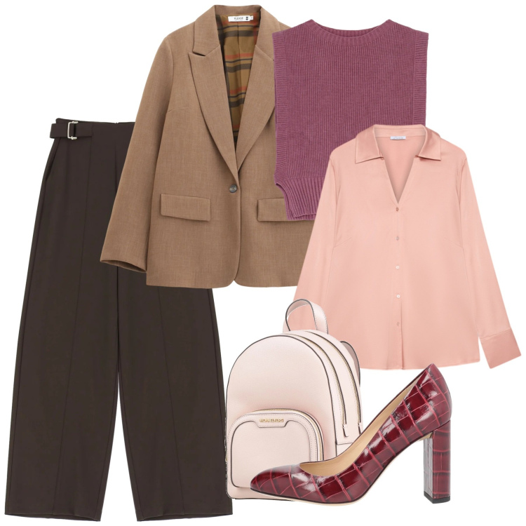 Outfit donna - Un gilet ciclamino. Stile Bon Ton per Ufficio. Abbinamento con décolleté, zaini, maglieria, blazer, pantaloni a palazzo, camicie.