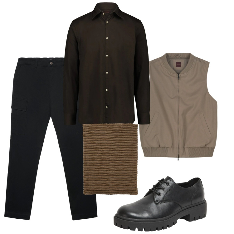 Outfit uomo - Gennaio. Stile Casual per Tutti i giorni. Abbinamento con scarpe stringate, scaldacollo, pantaloni cargo, camicie, piumini.
