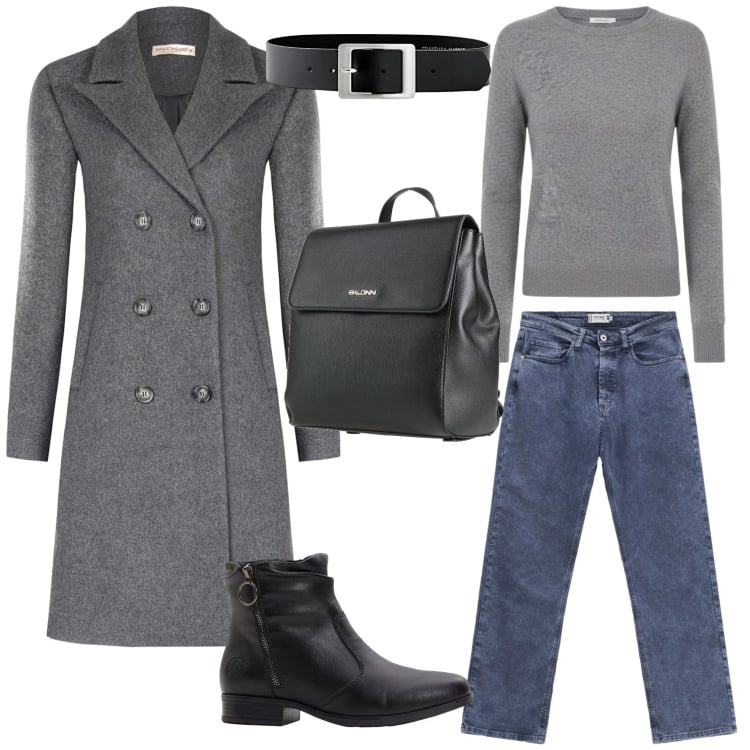Outfit donna - Winter streetwear. Stile Urban per Tutti i giorni. Abbinamento con cinture, stivaletti, zaini, jeans dritti, cappotti, maglieria.