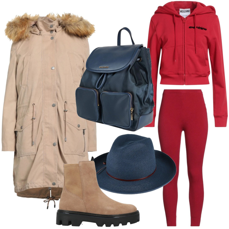 Outfit donna - Abbinamento casual. Stile Casual per Tutti i giorni. Abbinamento con leggings, parka, cappelli, zaini, stivaletti, felpe con cappuccio.