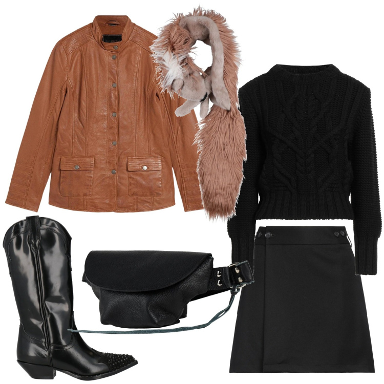 Outfit donna - Texani urban. Stile Urban per Serata fuori. Abbinamento con blazer, marsupi, sciarpe, pullovers, stivali, minigonne.