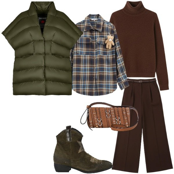 Outfit donna - Casual trip. Stile Urban per Tutti i giorni. Abbinamento con stivaletti texani, borse a spalla, pantaloni a palazzo, pullovers, camicie, piumini.