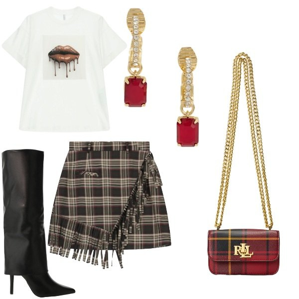 Outfit donna - Imperial saldi. Stile Glamour per Tutti i giorni. Abbinamento con t-shirt, stivali, minigonne, orecchini, pochette.