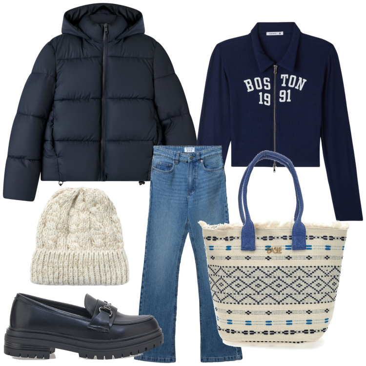 Outfit donna - Terranova - Saldi FW25. Stile Basic per Scuola/Università. Abbinamento con bomber, felpe, jeans bootcut, berretti, mocassini, borse a mano.
