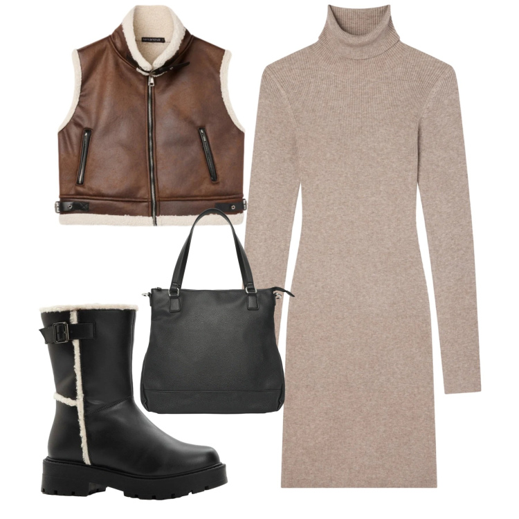 Outfit donna - Total look. Stile Minimal per Tutti i giorni. Abbinamento con stivali, piumini, vestiti corti, shopping bag.